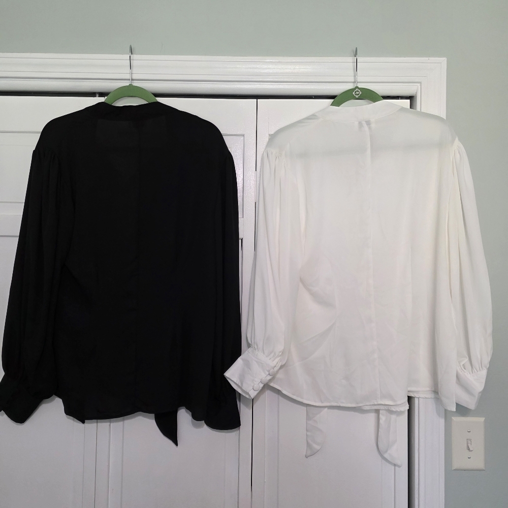 Unique Vintage Lot of 2 Button-up Bow Neck Tie Gwen Blouses 1X/16 Black & White - Picture 3 of 9